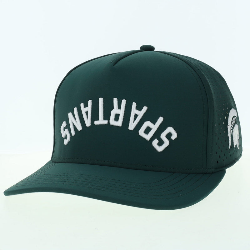 Dark green baseball cap with 'SPARTANS' embroidered upside down in white arched text on the front and a white Spartan helmet logo on the side.