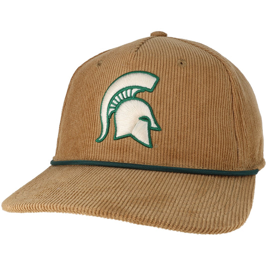 Brown corduroy cap featuring a Spartan Helmet in the middle with a cord on top of the brim.
