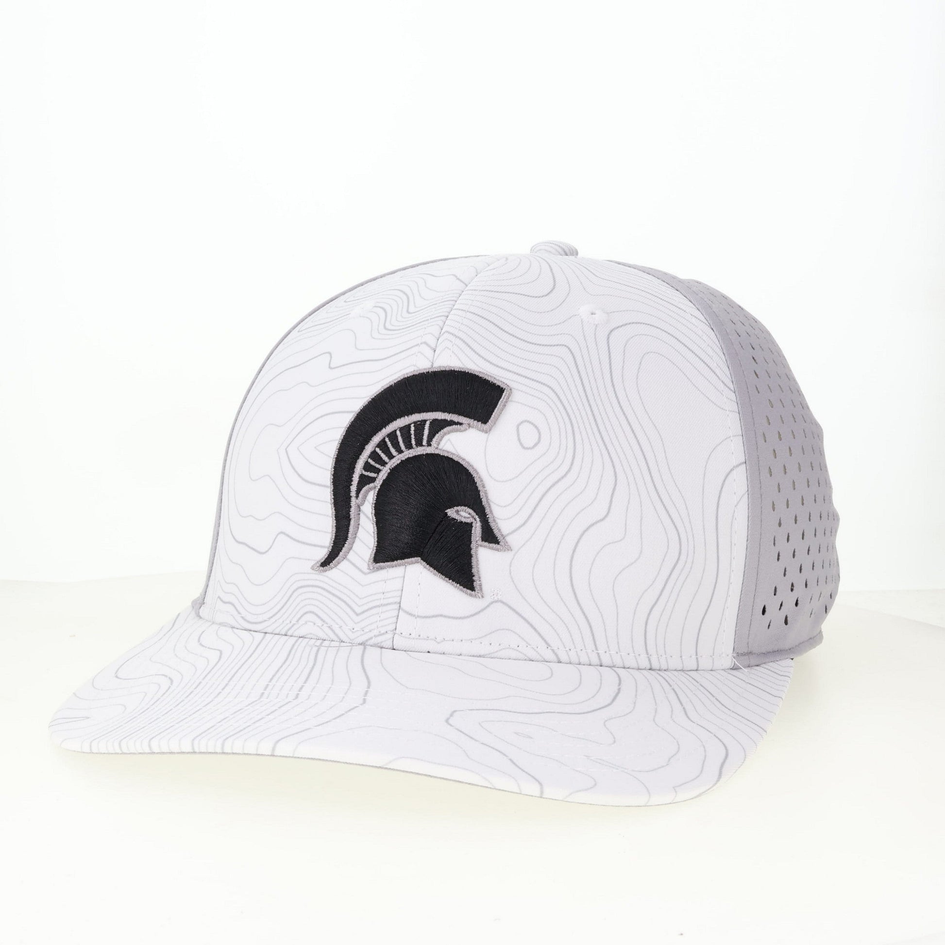 Gray cap with a black Spartan Helmet logo, topo map pattern, and mesh sides.