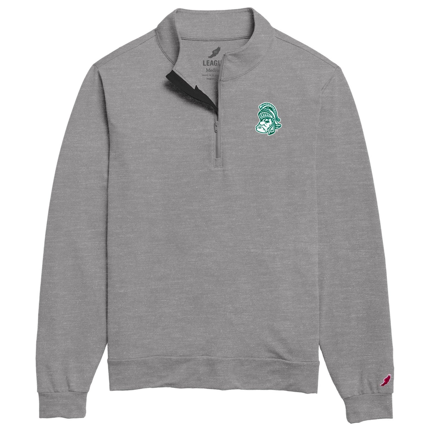 Gray quarter-zip long-sleeve pullover featuring a small embroidered green and white Gruff Sparty logo on the left upper chest. Shown on a white background. 