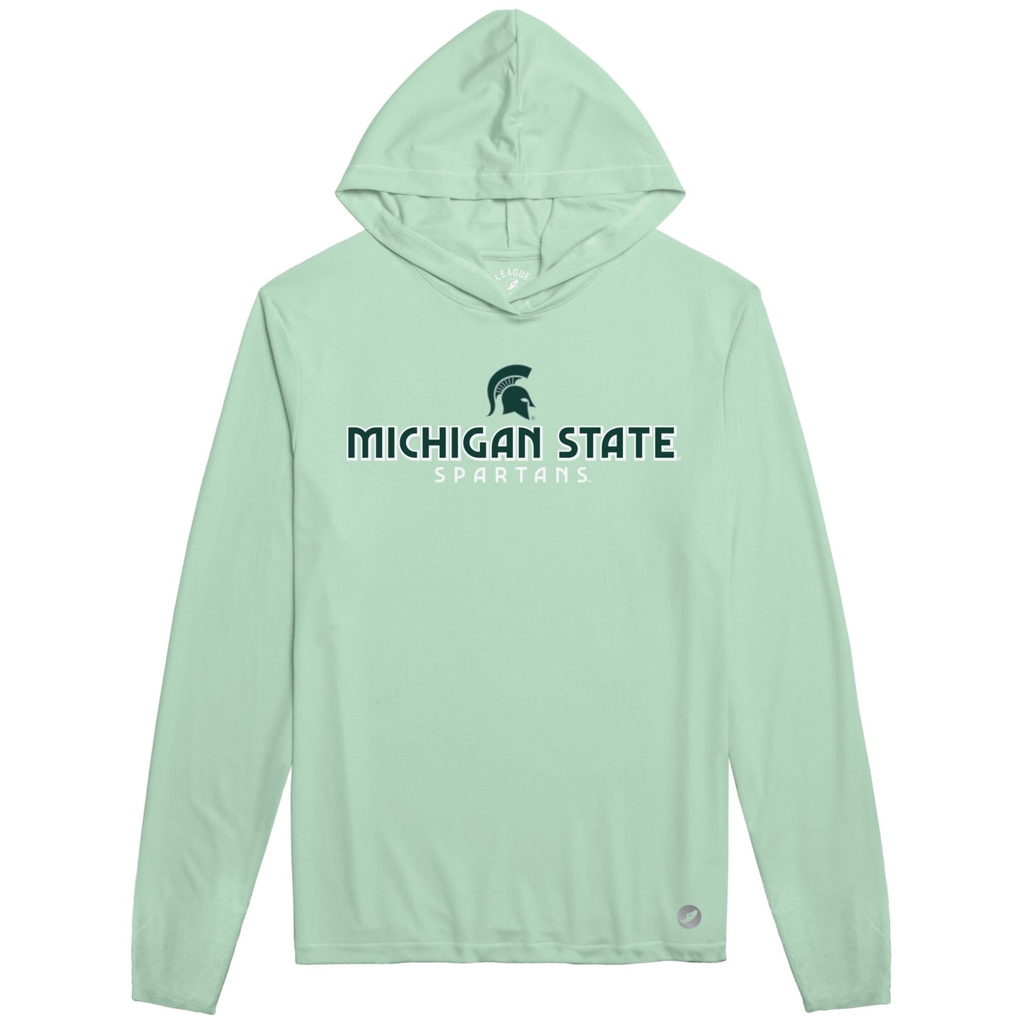 Light green hooded long-sleeve shirt featuring the text "Michigan State Spartans" in dark green and white on the front, with a Spartan Helmet.