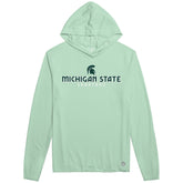 Light green hooded long-sleeve shirt featuring the text "Michigan State Spartans" in dark green and white on the front, with a Spartan Helmet.