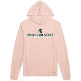 Light pink hooded long-sleeve shirt featuring the text "Michigan State Spartans" and a green Spartan Helmet logo printed on the front.