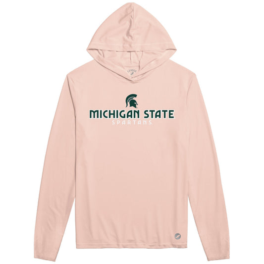 Light pink hooded long-sleeve shirt featuring the text "Michigan State Spartans" and a green Spartan Helmet logo printed on the front.