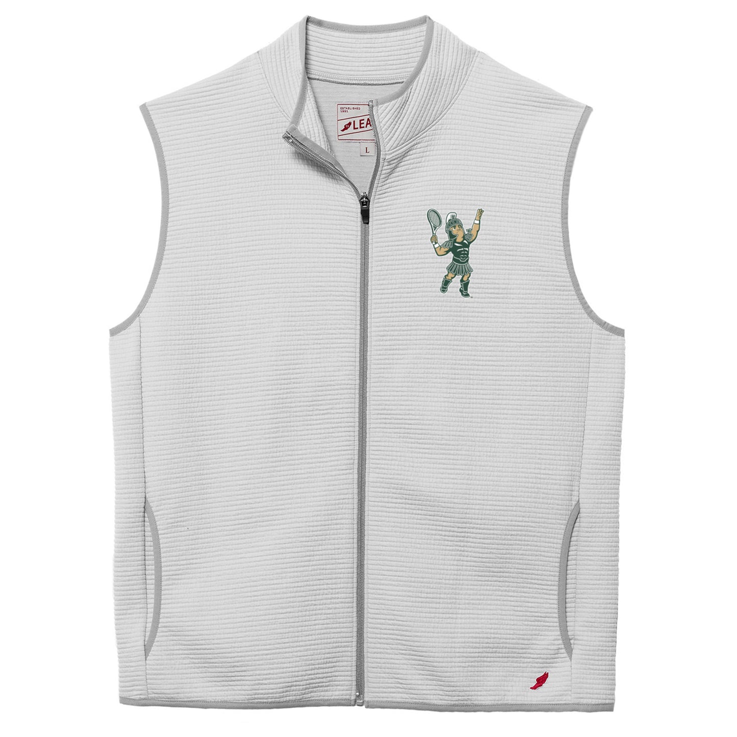 White ribbed vest with light gray hem detailing, a light gray full zipper down the front, and the Tennis Sparty logo on the left upper chest. 