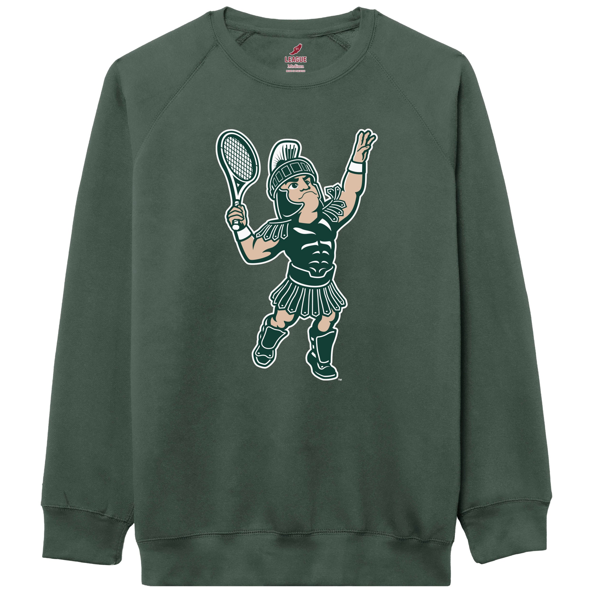 Green long sleeve crewneck with the Sparty Tennis logo printed largely on the front. 