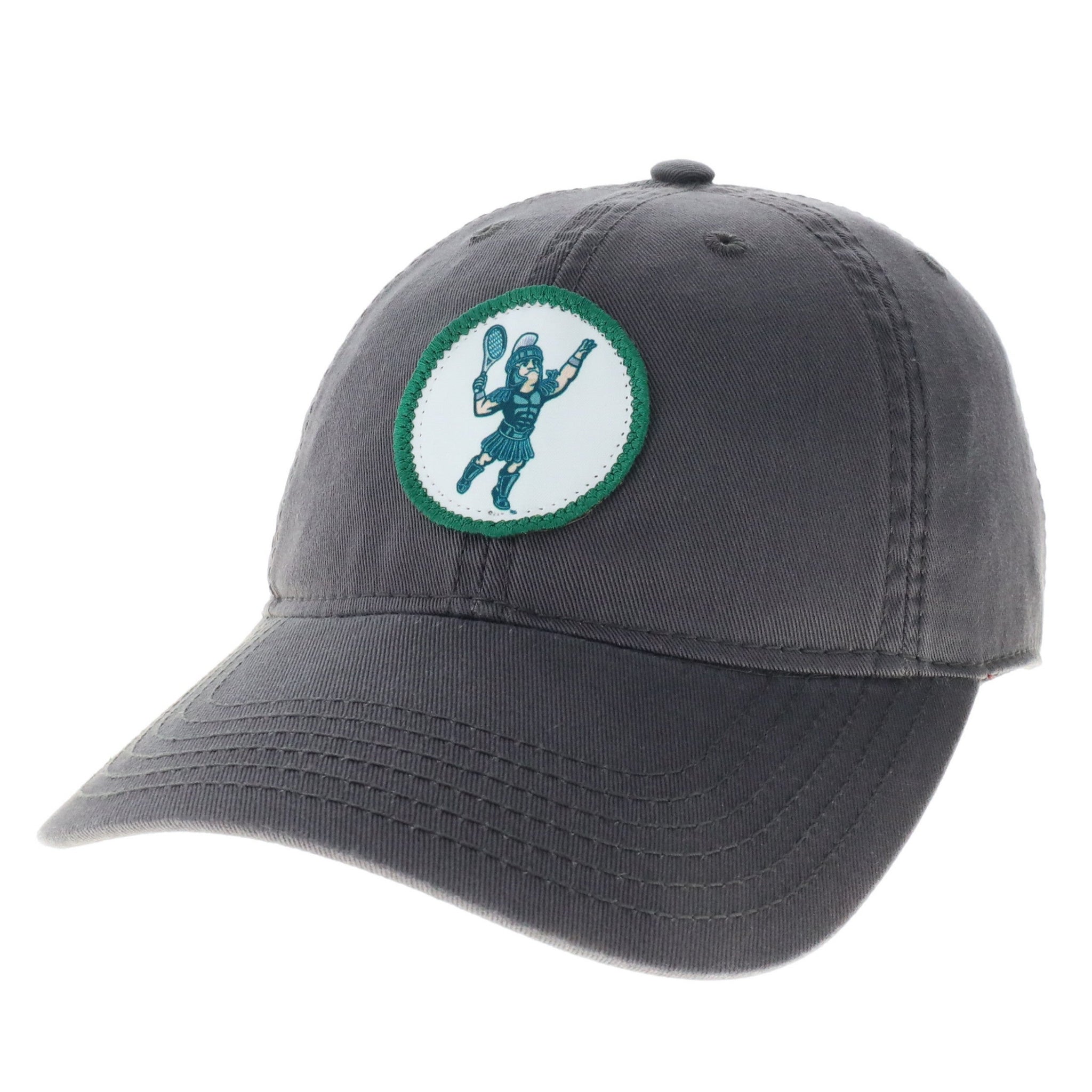 Gray cap with a circular patch with a green rim. Centered in circle patch is a screen printed Sparty Tennis logo.