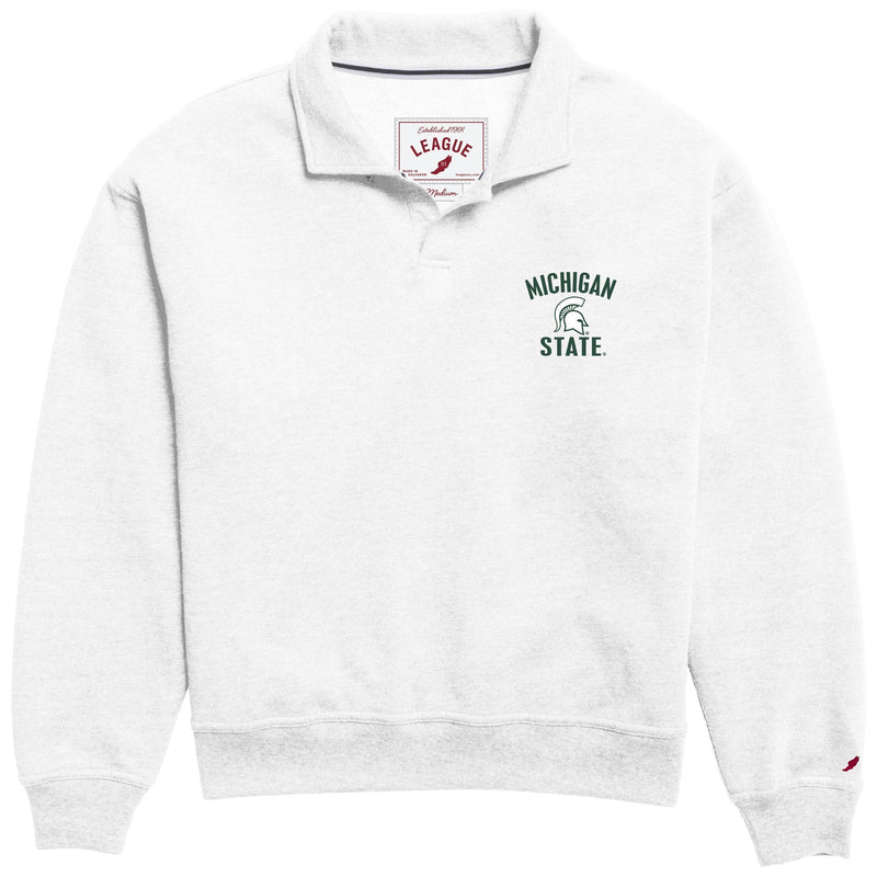 White collared sweatshirt with 'Michigan State' and Spartan logo on left chest.