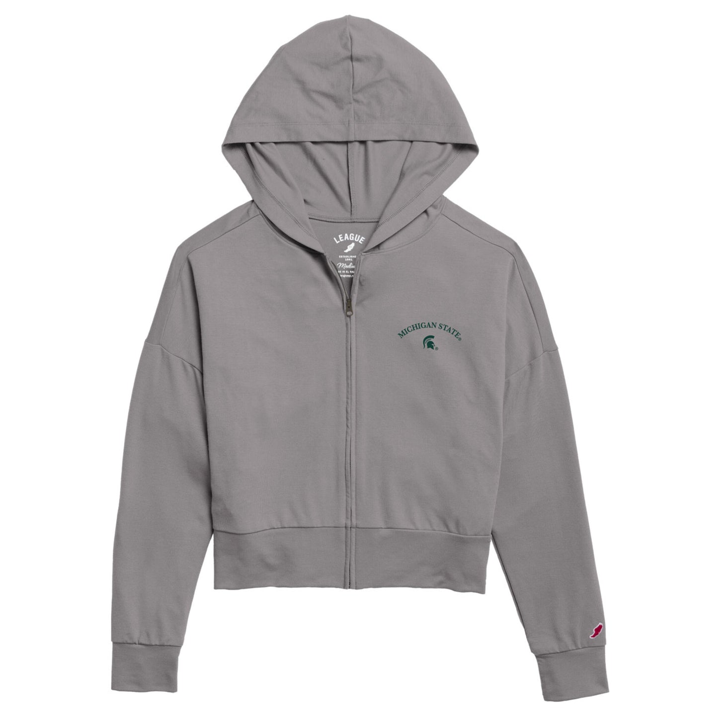 Cropped light gray hooded zip up. On the upper left chest is an arched green "Michigan State" wordmark and a green Spartan Helmet logo below it. 