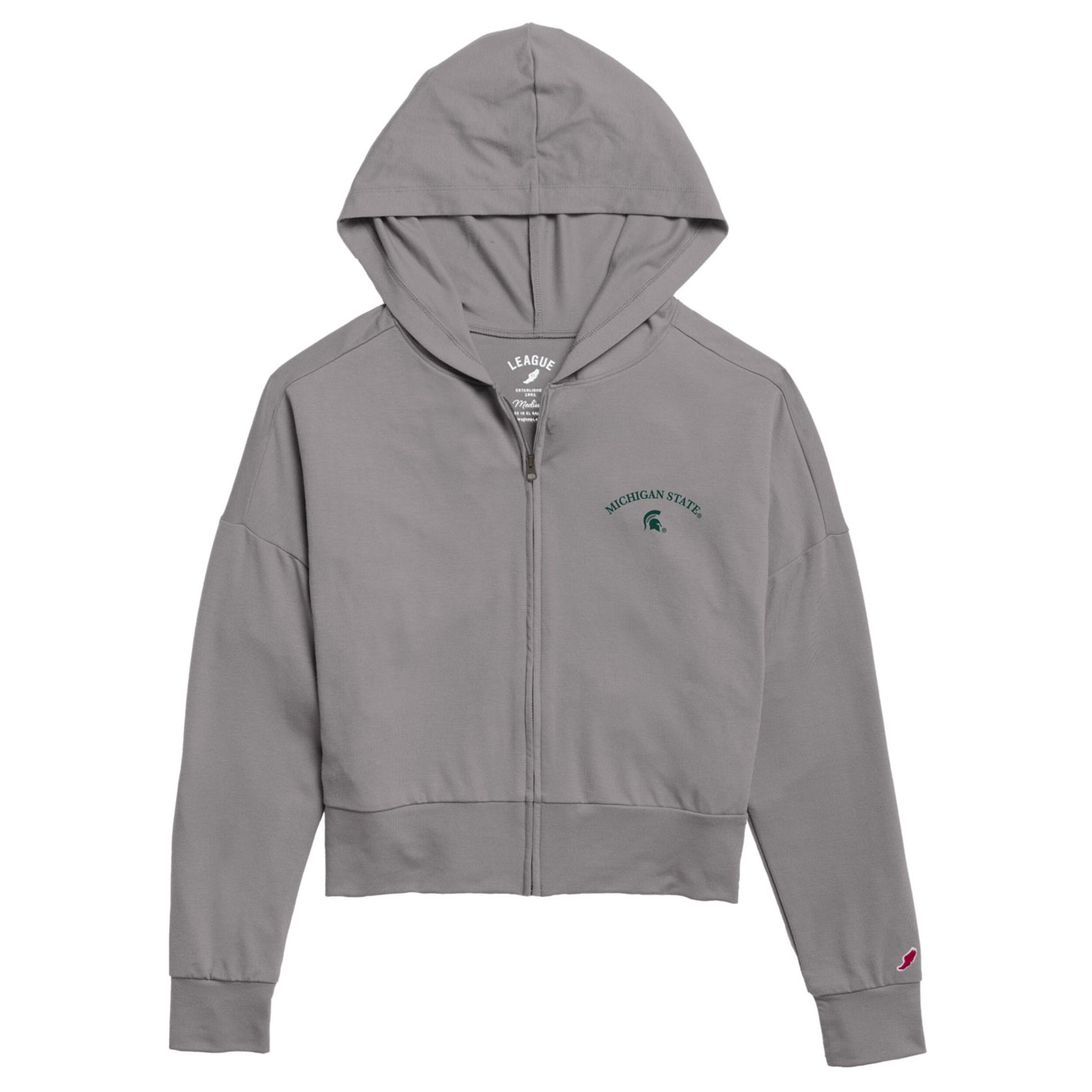Cropped light gray hooded zip up. On the upper left chest is an arched green "Michigan State" wordmark and a green Spartan Helmet logo below it. 