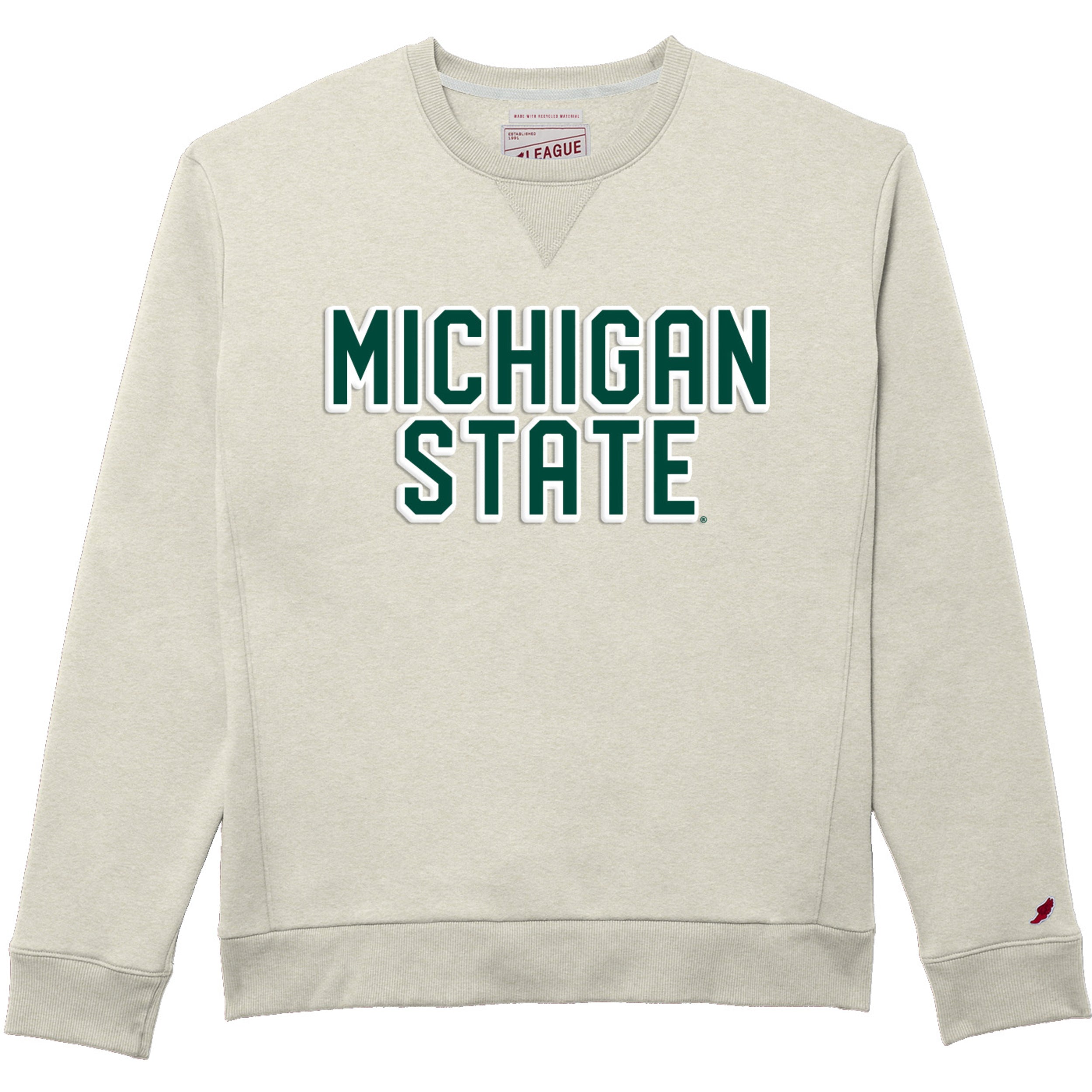 Light gray sweatshirt with large green 'Michigan State' text on front.