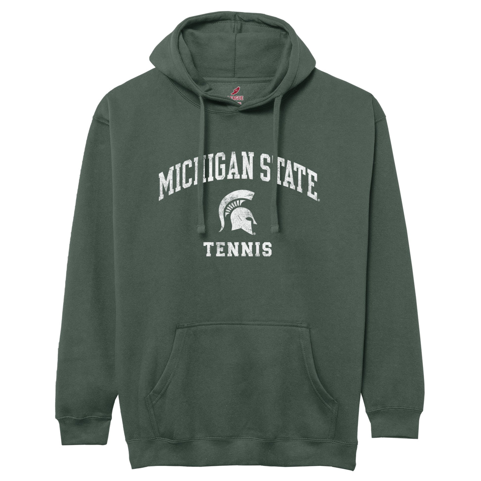 Green hoodie with 'Michigan State Tennis' text and logo on a white background