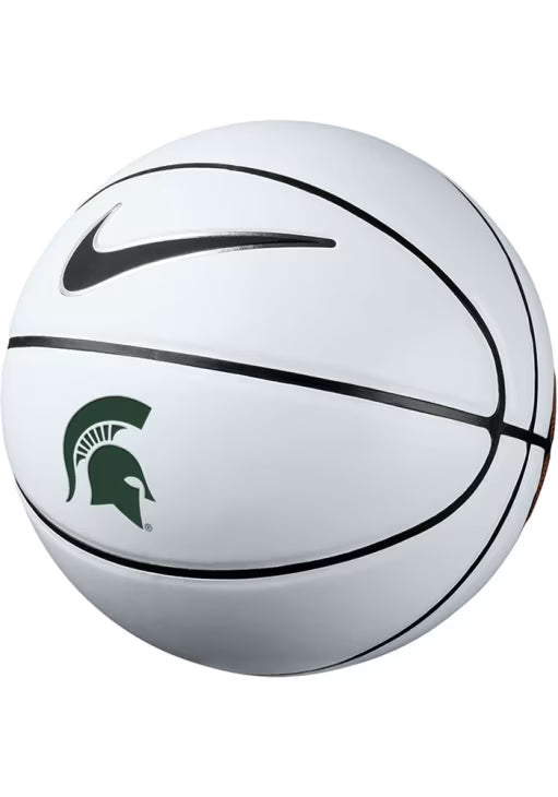 White and black basketball with a black Nike logo and green Spartan Helmet logo underneath. 