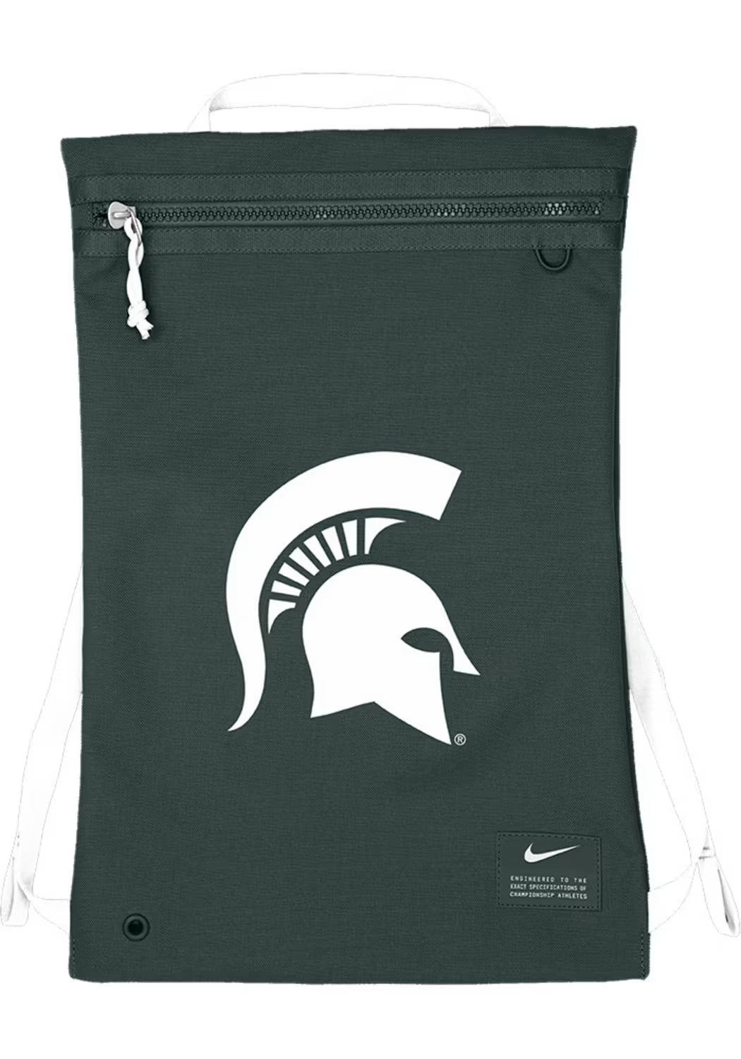 Green utility bag with with a zipper at the top, white handle, and a white Spartan Helmet logo printed boldly on the front. On the bottom right is a Nike logo and patch. 