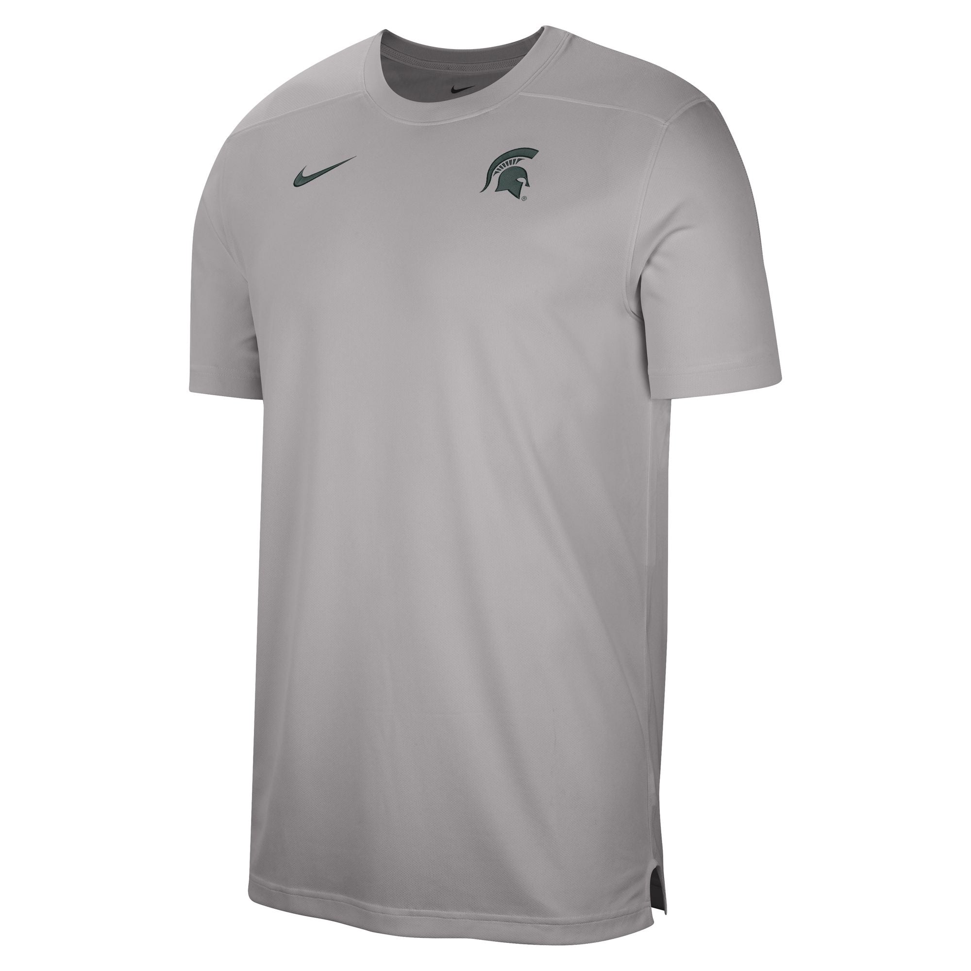 A gray short sleeved t-shirt with a green Spartan helmet on the upper left chest and a green Nike swoosh on the upper right chest.