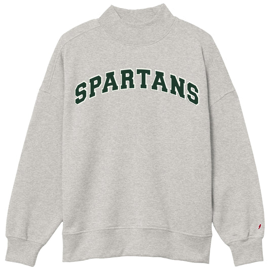 Gray mock neck pullover with green arched text outlined in white that reads "Spartans."