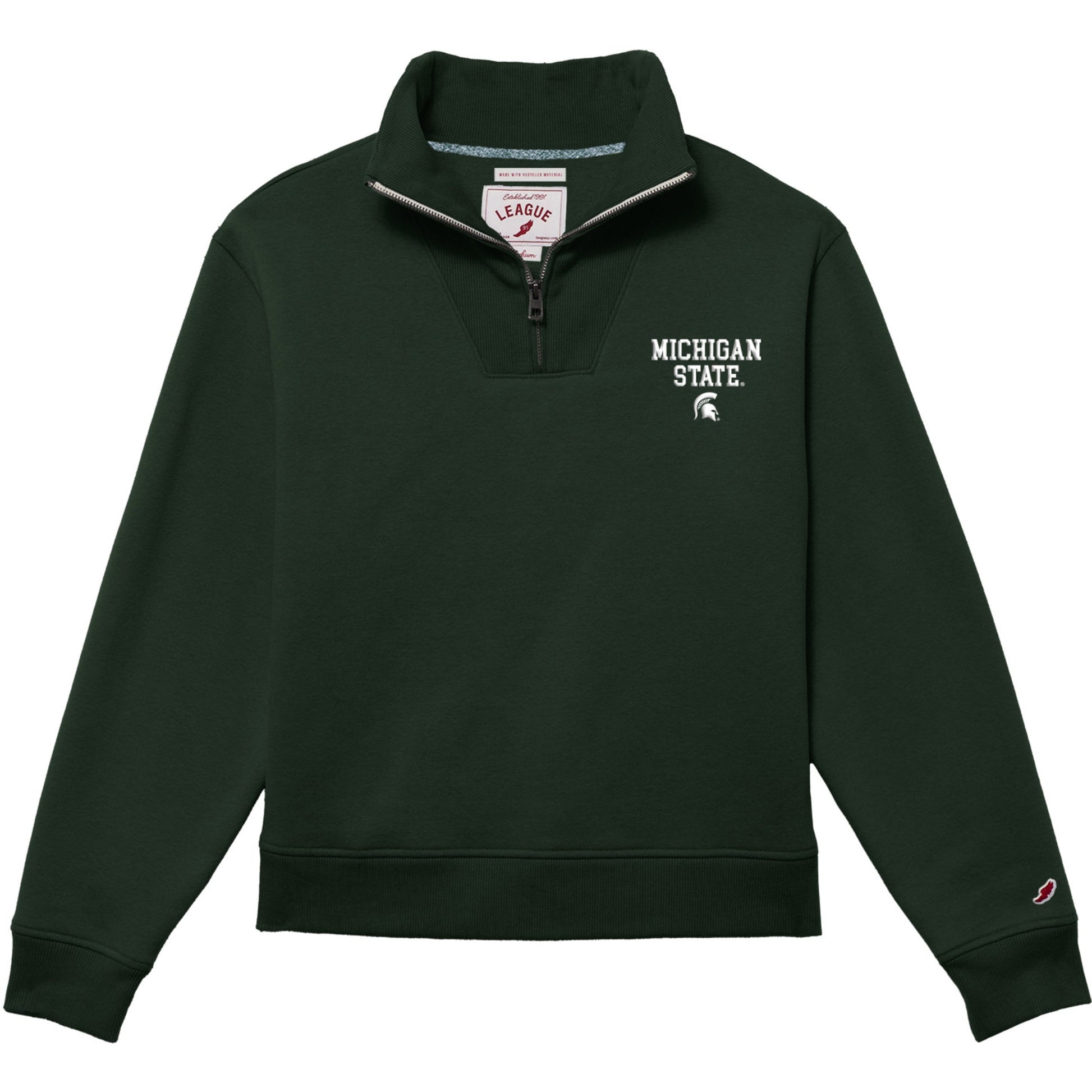 Dark green quarter-zip pullover. Around zipper and the collar is a ribbed fabric. Embroidered on the left chest stacked is 'Michigan State'. Then below is a white Spartan helmet. 
