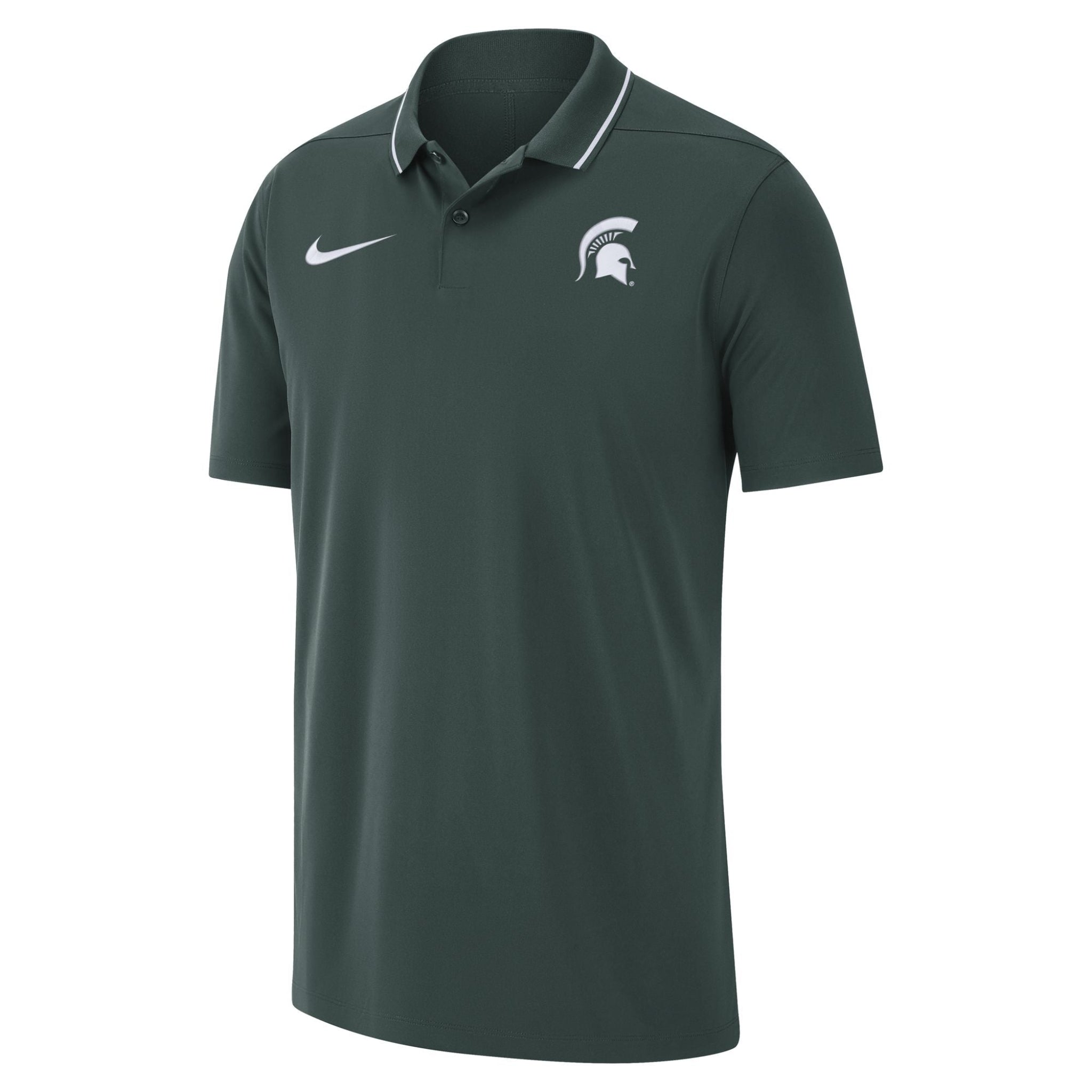 A green polo with a white Spartan helmet logo on the upper left chest and a white Nike swoosh on the upper right.