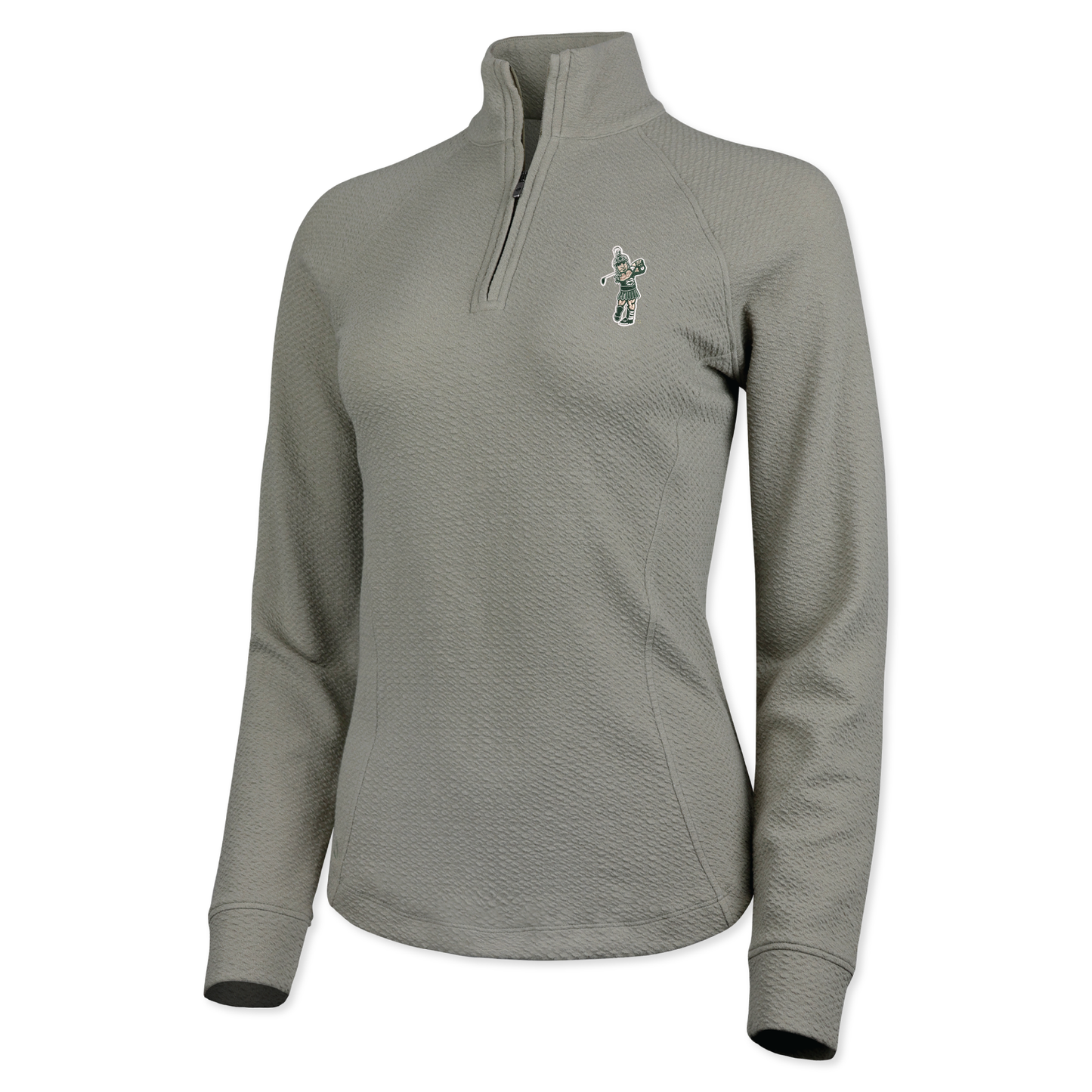 Gray quarter-zip with a Golf Sparty logo on the upper left chest. 