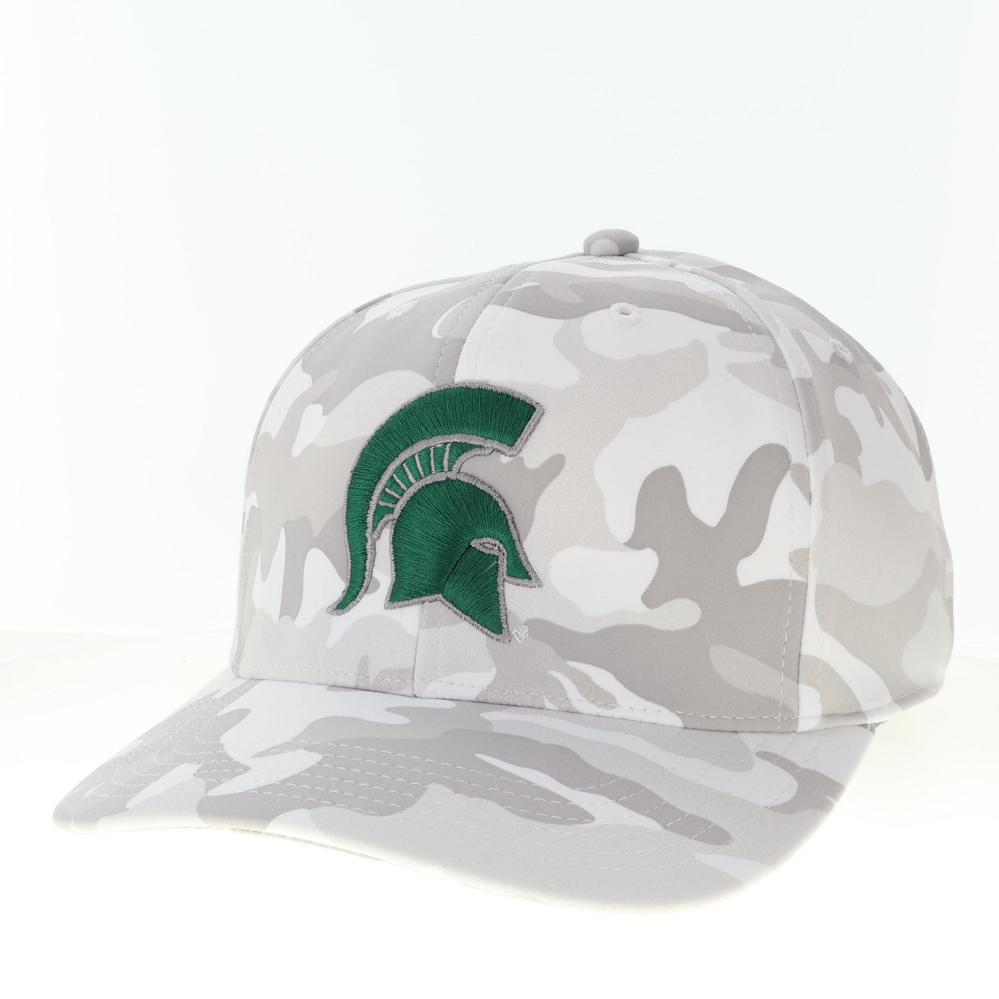Light gray camo hat with a green Spartan Helmet logo embroidered on the front. 