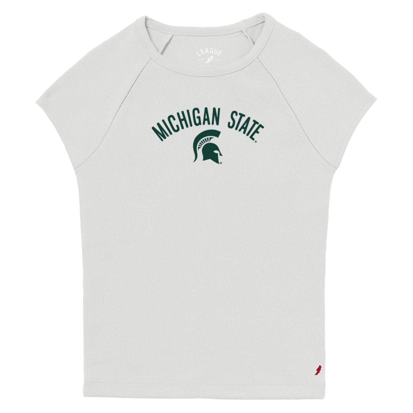 White ribbed short sleeve shirt with 'Michigan State' in green arched above a green Spartan helmet that is all screen printed.  