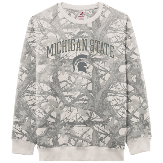 Light beige and gray camo crew neck sweatshirt with beige arched text that reads "Michigan State" and a beige Spartan Helmet logo underneath. The collar and cuffs are a solid light beige color. 
