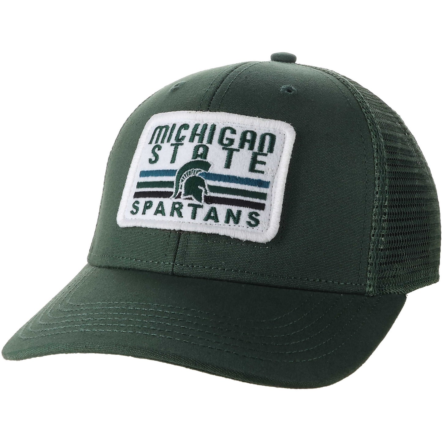 Dark green trucker hat. Centered on front to panels is a white rectangular patch. On patch on top is 'Michigan' below 'State' below is three various shades of green and center on stipes is a green embroidered Spartans helmet. At bottom of patch in green 'Spartans'. 