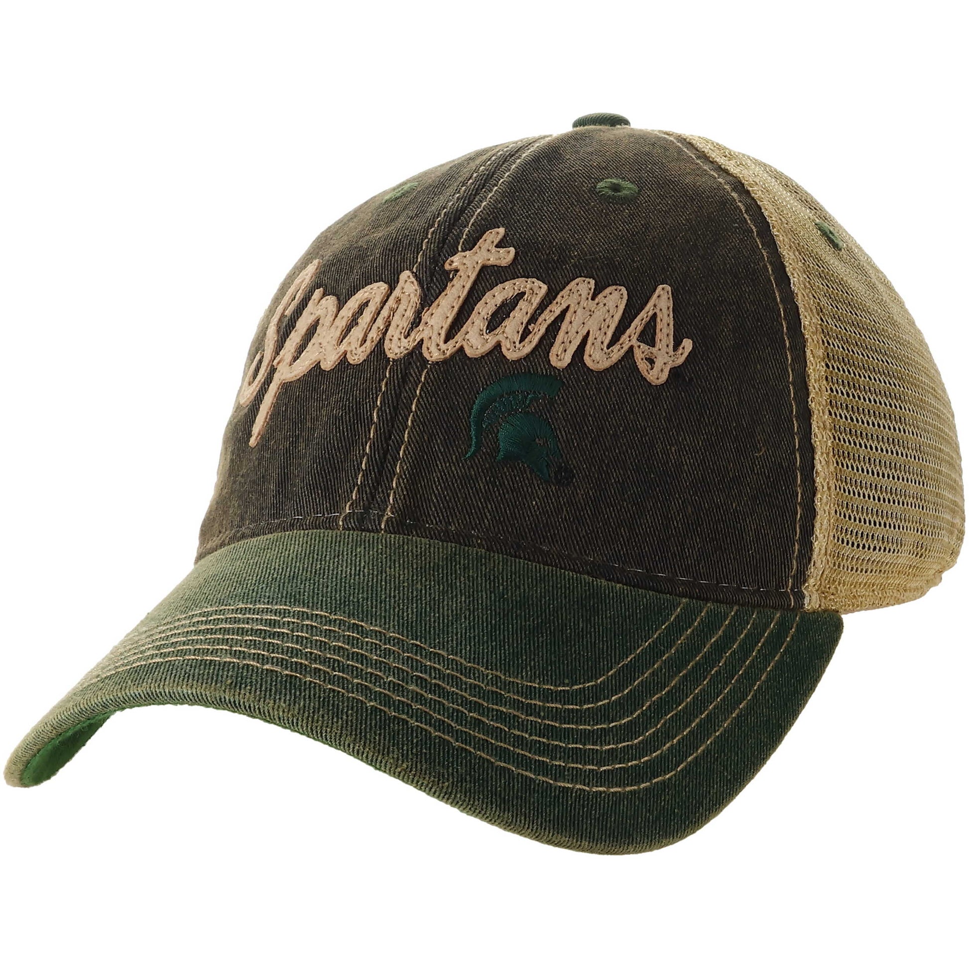Multi colored trucker, with front panels dark grey with a tan cursive "Spartans' patch stitched to front panels. A small green embroidered helmet below the a in Spartans. The back panels are mesh and tan colored with a snap back closure. The bill of hat is kelly green with 5 rows of tan stitching. 
