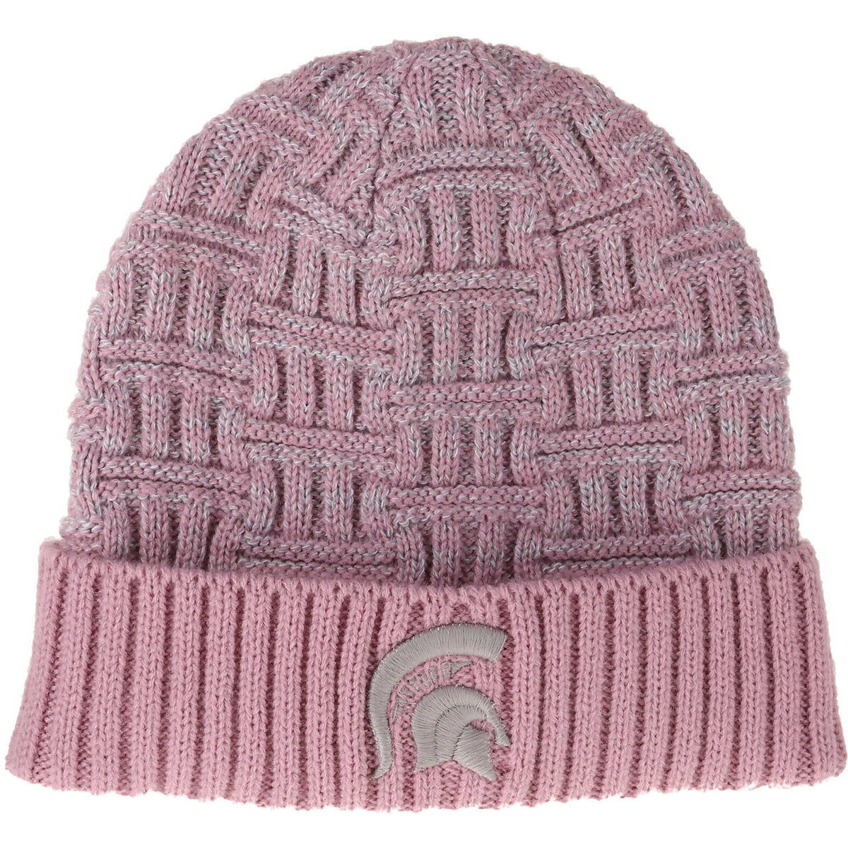 Pink knit Michigan State cuffed beanie featuring a textured basket-weave pattern, ribbed fold-over cuff, and an embroidered gray-pink Spartan helmet logo centered on the front.