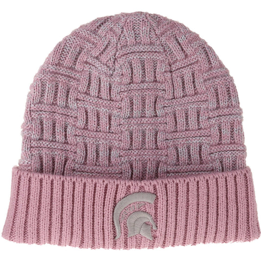 Pink knit Michigan State cuffed beanie featuring a textured basket-weave pattern, ribbed fold-over cuff, and an embroidered gray-pink Spartan helmet logo centered on the front.