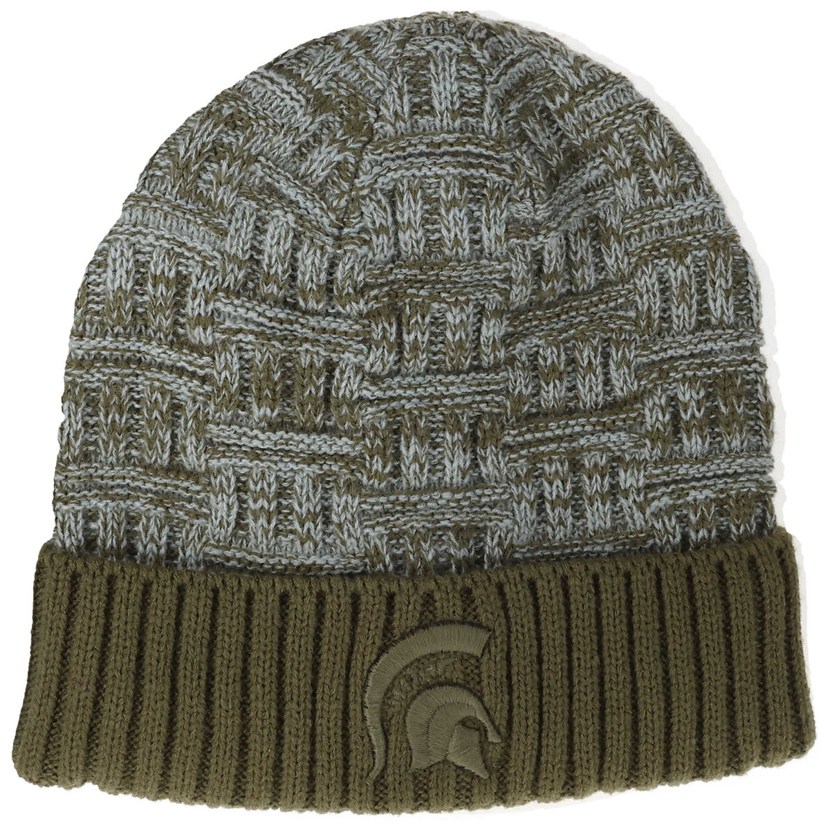 Green knit Michigan State cuffed beanie featuring a textured basket-weave pattern, ribbed fold-over cuff, and an embroidered green Spartan helmet logo centered on the front.