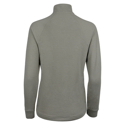 Back of a gray quarter-zip. 