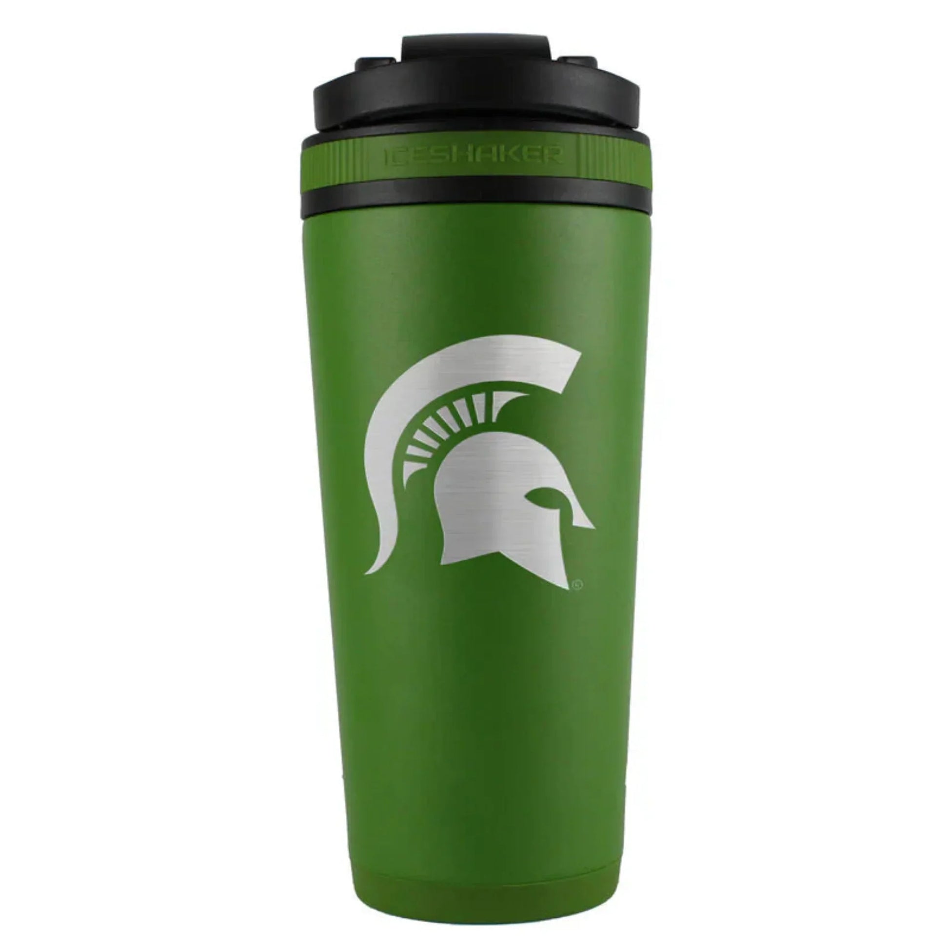 A green stainless steel drink shaker with a white Spartan Helmet logo on the side, featuring a black lid and a twist-on agitator.