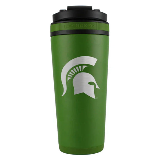 A green stainless steel drink shaker with a white Spartan Helmet logo on the side, featuring a black lid and a twist-on agitator.