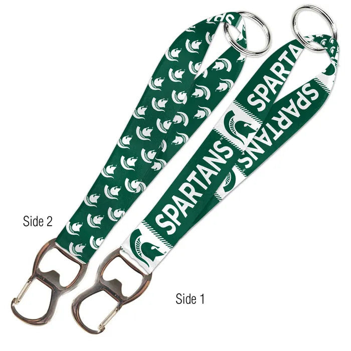 Green lanyard with 'Spartans' branding and bottle opener shown on a white background