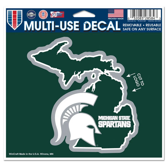Green, white, and gray decal of the state of Michigan with a white Spartan Helmet logo and text that reads "Michigan State Spartans."