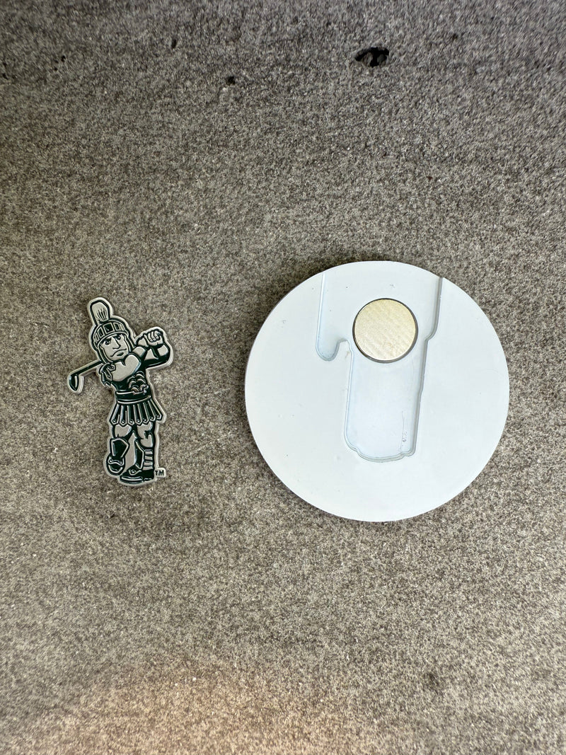 White magnetic Sparty golf ball marker back.