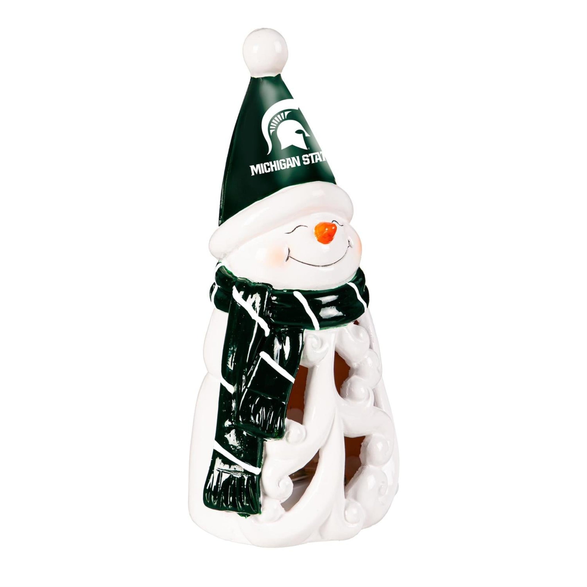 Side angle of a snowman figurine with green hat that has a white Spartan Helmet in the center and "MICHIGAN STATE" in white underneath. The snowman is also wearing a green and white striped scarf. Shown on a white background.
