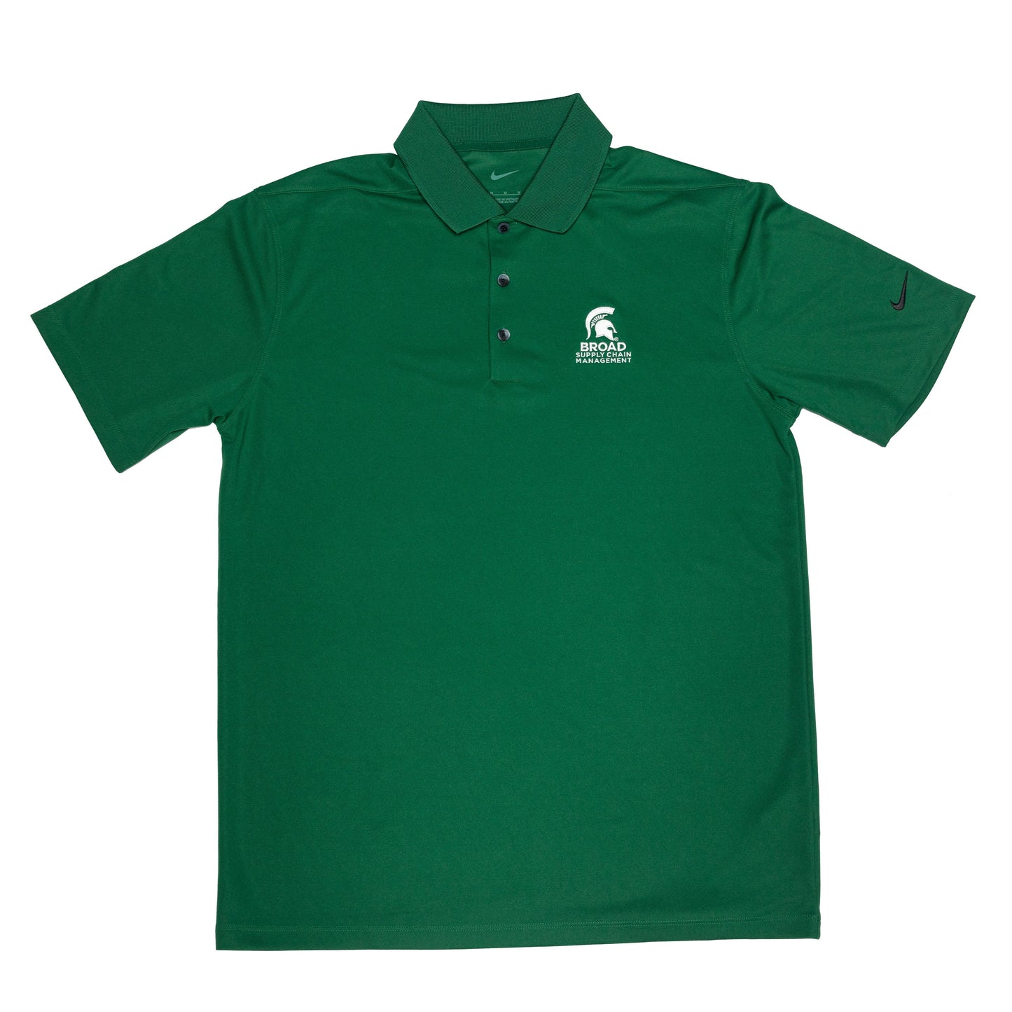 Green short sleeve Nike collared polo with three buttons. A white Spartan Helmet over the Broad Supply Chain Management logo is embroidered on the left upper chest.