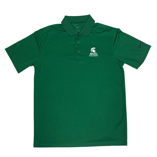 Green short sleeve Nike collared polo with three buttons. A white Spartan Helmet over the Broad Supply Chain Management logo is embroidered on the left upper chest.
