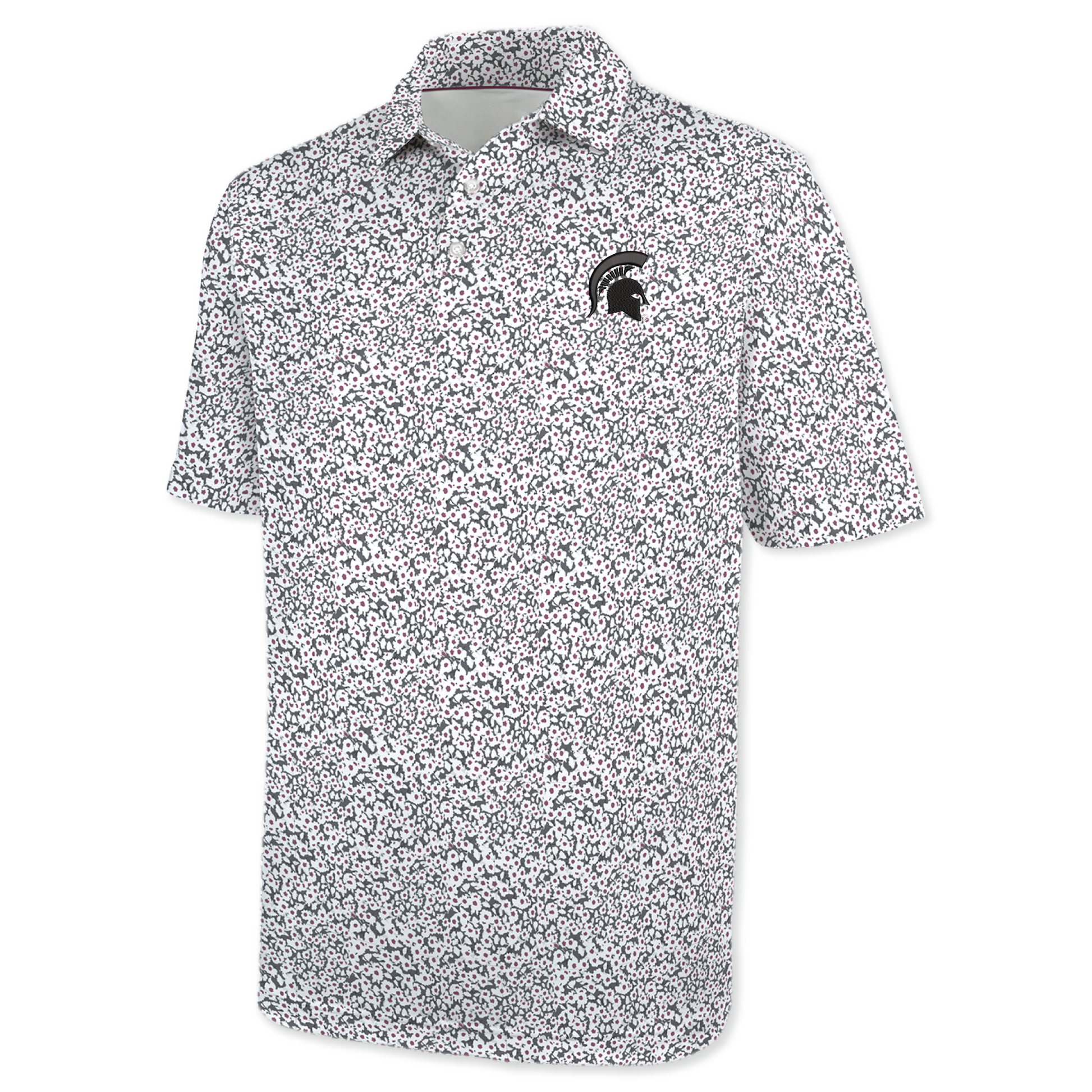Short-sleeved polo shirt with a white and black speckled pattern, featuring a collar and buttoned neckline. Embroidered Spartan Helmet logo displayed on the left chest.