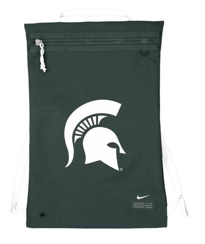 A dark green gym sack with white drawstrings and a white Spartan Helmet logo in the center. In the lower right corner is a white Nike swoosh logo.