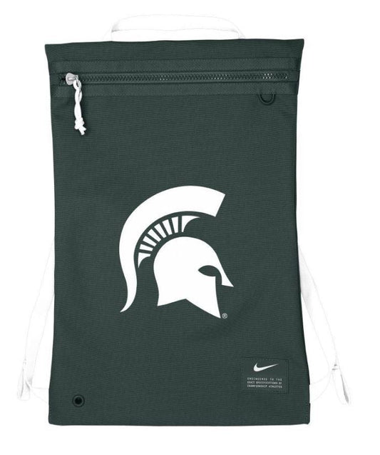 A dark green gym sack with white drawstrings and a white Spartan Helmet logo in the center. In the lower right corner is a white Nike swoosh logo.