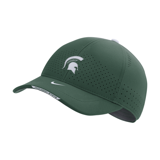 A green Nike Sideline AeroBill L91 adjustable hat with a hook-and-loop closure, featuring Nike logo and Michigan State University sports team logo.