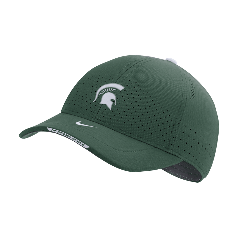 A green Nike Sideline AeroBill L91 adjustable hat with a hook-and-loop closure, featuring Nike logo and Michigan State University sports team logo.