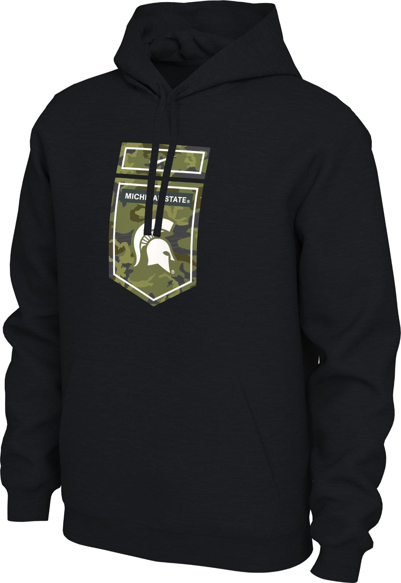 A black hoodie with a camouflage detail featuring a white Spartan helmet logo on the chest, the words MICHIGAN STATE, and a white Nike swoosh above.