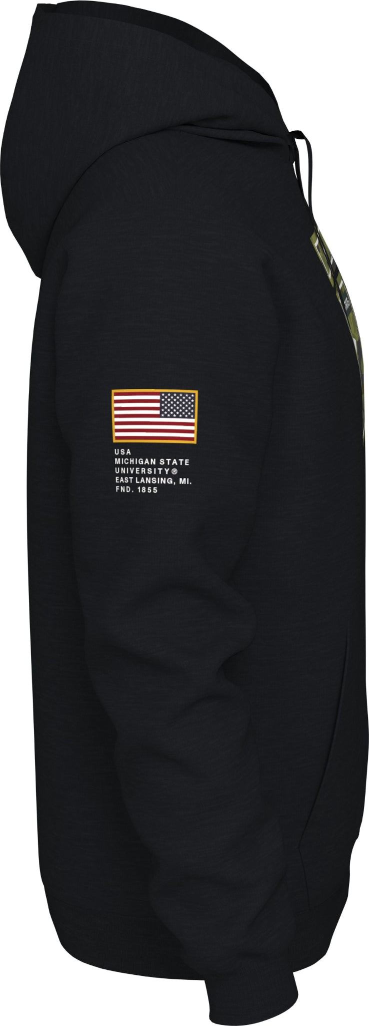 A side view of a black hoodie with an American flag decal and the words "USA, Michigan State University, East Lansing, MI" on the sleeve.