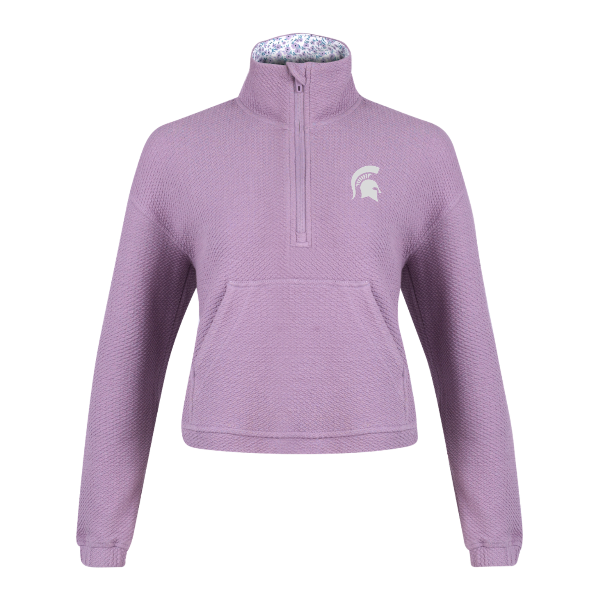 Light lavender Michigan State Spartans women's quarter-zip pullover with a textured knit fabric, embroidered white Spartan helmet logo on the left chest, kangaroo pocket, high mock neck, and floral print lining inside the collar.