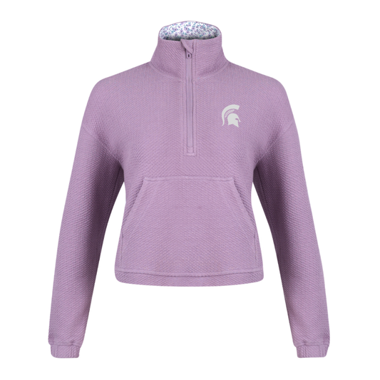 Light lavender Michigan State Spartans women's quarter-zip pullover with a textured knit fabric, embroidered white Spartan helmet logo on the left chest, kangaroo pocket, high mock neck, and floral print lining inside the collar.