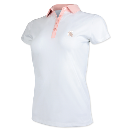 White polo with a light pink collar, buttons, and an embroidered Spartan Helmet logo. 